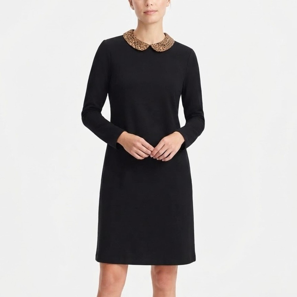 J. McLaughlin Long Sleeve Shift Dress Black Women Size Medium Leopard Collar